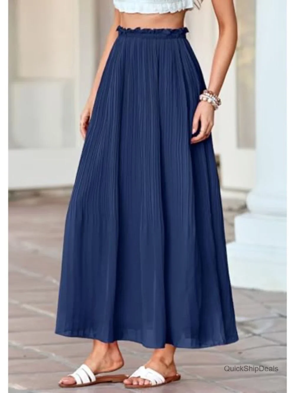 Pleated Chiffon A-Line Elastic High Waist Midi Skirt for Summer Vacation Office